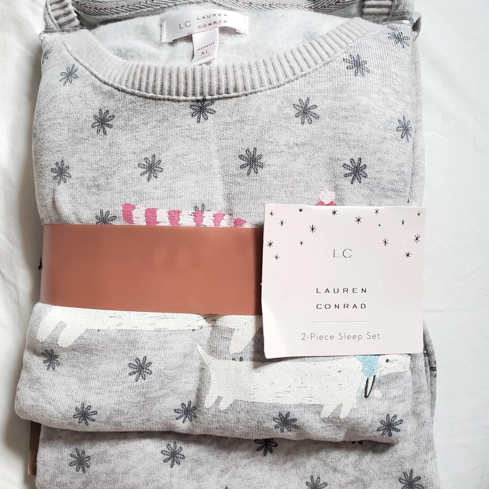 LC Lauren Conrad Womens Dacshund Pajama Set in Gray and Pink